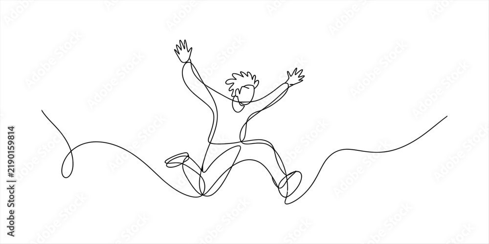 Obraz premium Continuous single line drawing of a happy young man jumping with joy and arms raised in the air