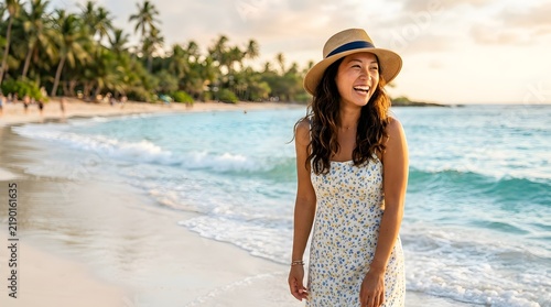 Cheerful Asian woman enjoying a sunny summer vacation on a tropical beach during golden hour