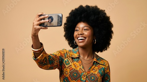 Smiling African American Woman Portrait with Natural Hair and Joyful Expression, Stylish Young Black Female Model in Studio Fashion Photography