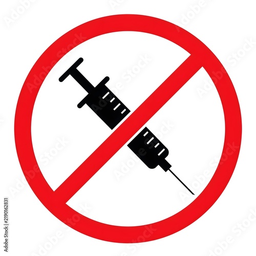 No Injection Sign Over Syringe Icon — Prohibited Needle Symbol For Medical Warning And Safety	