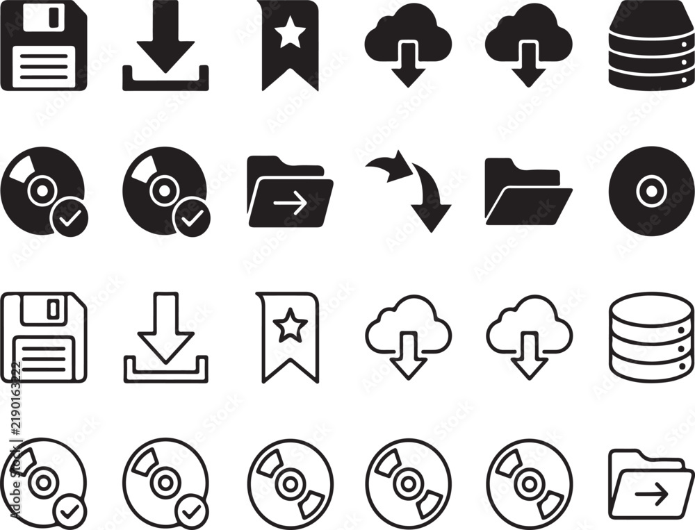 Fototapeta premium Set of black and white computer technology and data storage icons including disks folders cloud download symbols folder icon disk icon web interface digital storage vector icons web design