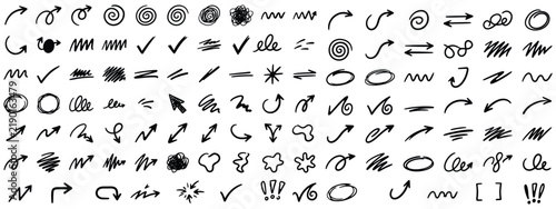 Sketchy Hand Drawn Arrow Collection with Pen, Pencil, Crayon and Chalk Effects, Creative Rough Vector Illustration