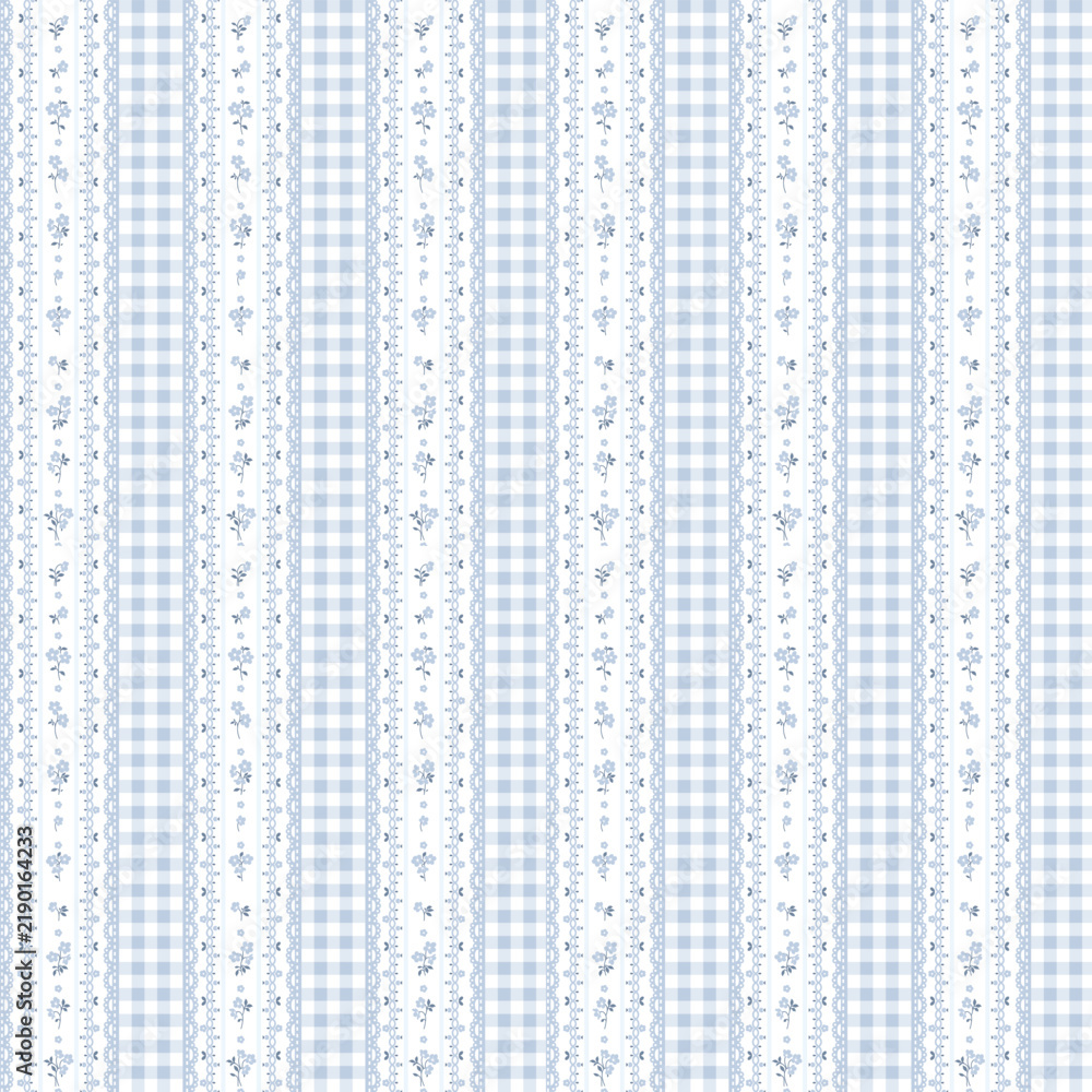 Obraz premium Seamless floral pattern, ditsy flower pattern, fabric print in retro style on gingham stripe, timeless floral, small ditsy flower. Surface design for home textile, wallpaper pattern, fabric, fashion. 
