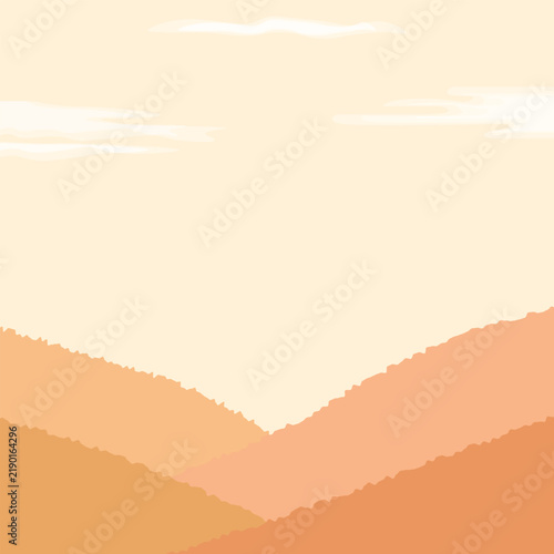 Minimalist autumn mountains landscape in warm terracotta and orange tones. Flat vector illustration. Fall wall art, seasonal posters, book covers, cozy interior decor.