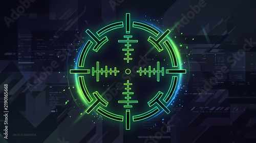 Neon green glowing targeting sight reticle with digital interface elements for tactical precision focus and strategic aiming visualization on a dark environment featuring complex technical data