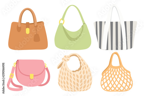 Stylish Women Handbags and Mesh Bags Set Vector Flat Purse Bundle