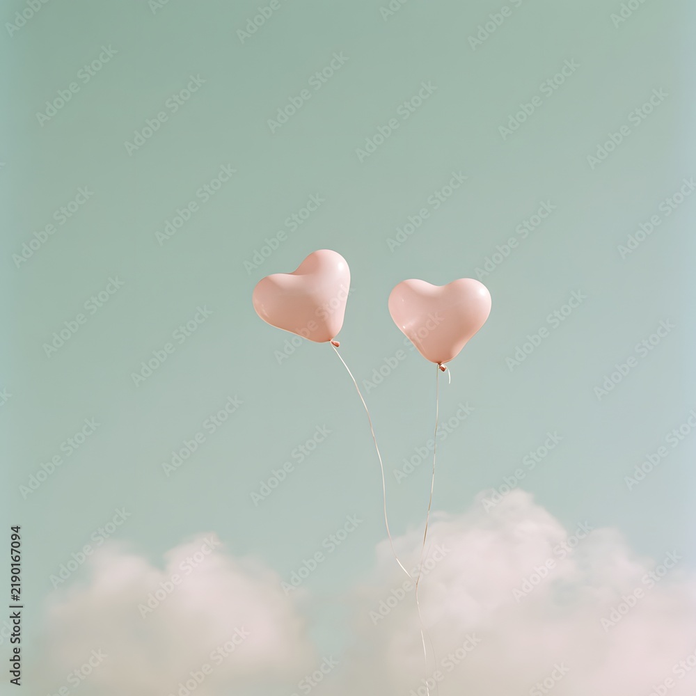 Fototapeta premium Close perspective on light pink hearts above clouds