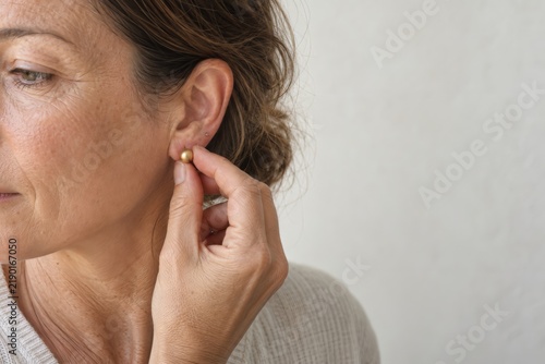 Woman puts in her earring the moment the post finds the hole behind the lobe, getting ready for the evening with copy space