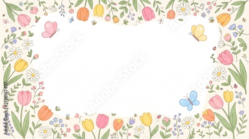 spring garden floral frame on white background, colorful flowers, butterflies and leaves with copy space, invitation template for wedding cards, posters, banners and stationery.