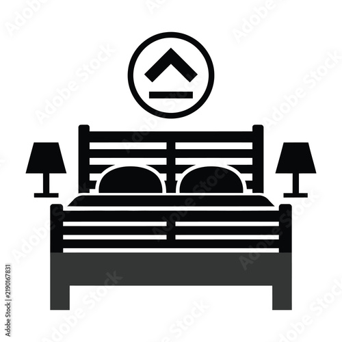 Fotografía Bedroom furniture icon with double bed, pillows, and bedside lamps symbol