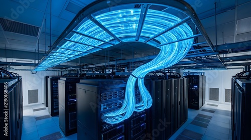 Glowing blue fiber optic cables connected to server racks in a data center
