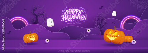 3D stylized Halloween banner with purple landscape, spooky trees, bats, and glowing jack-o'-lanterns. Features floating ghosts, eyeballs, neon rings and Happy Halloween typography.