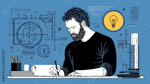 inventor designing a futuristic flying machine in a creative workshop, blueprints, mechanical parts, tools, gears, glowing idea symbols, imaginative engineering environment