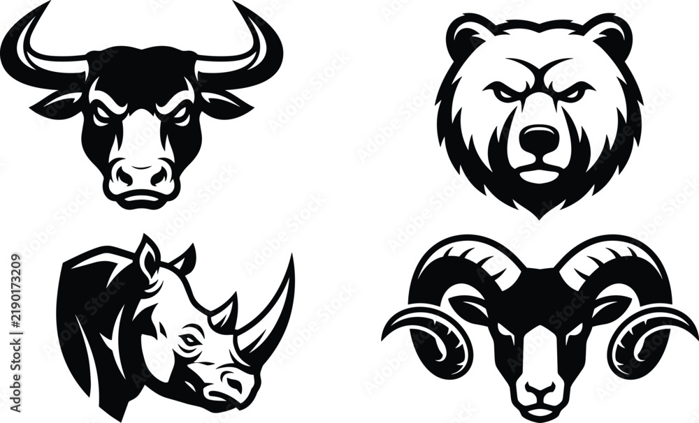 Fototapeta premium Set of black and white wild animal heads vector illustration featuring aggressive bull bear rhinoceros and ram mascots for sports teams or corporate identity branding logos