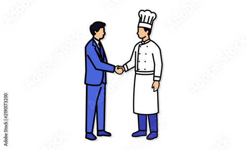 シェフと会社員の握手で表現する外食産業・食品ビジネス・企業間コラボレーションを表すイラストアイコン
