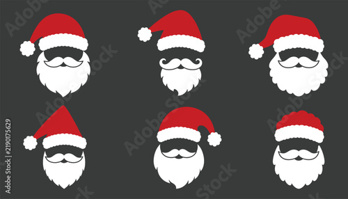 Set of santa claus hats and beards, christmas holiday vector icons, collection of festive facial hair and headwear elements