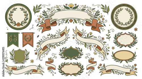 A collection of decorative floral frames ribbons and banners in a vintage hand drawn style
