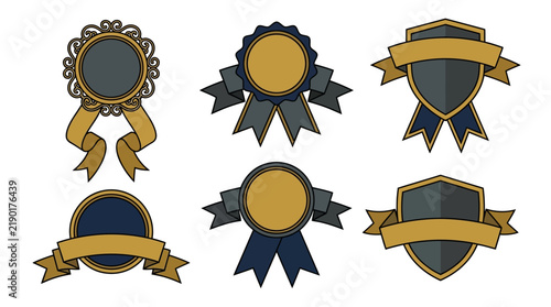 A set of six decorative award ribbons and emblems featuring shields and circular badges with gold and blue accents on a white background