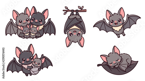 Set of cute cartoon baby bats in various poses including flying hanging and sleeping on a leaf with collection adorable illustrated different activities flying