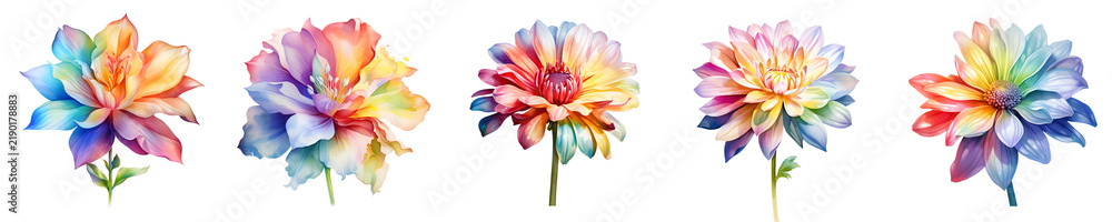 Obraz premium Elegant floral arrangement featuring rainbow colored dahlia blooms on a black backdrop
