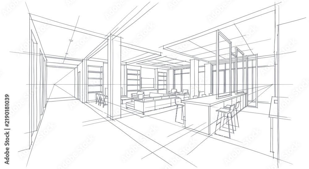 Fototapeta premium Modern Interior Design Sketch of a Spacious Kitchen and Living Area.