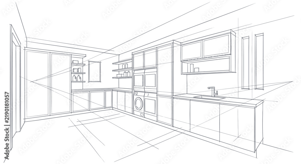 Fototapeta premium Modern Kitchen Design Sketch with Sleek Cabinetry and Appliances.