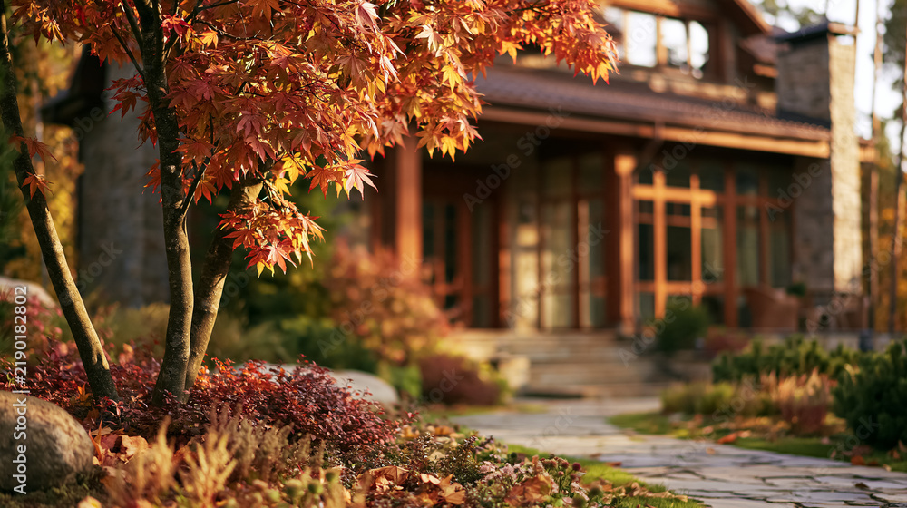 Obraz premium Modern house exterior showcasing an inviting atmosphere with a stone pathway, lush autumn garden, and colorful foliage during golden hour