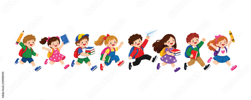 Fototapeta premium Group of happy school children running together to class with backpacks and school supplies in a bright and cheerful pixel art style illustration for education and student life concepts