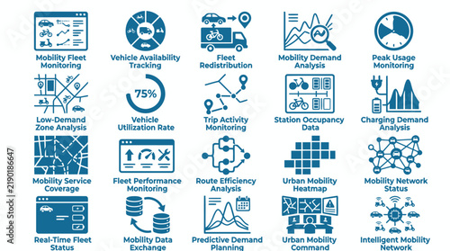 Mobility fleet monitoring and vehicle management data analysis icons for transport systems.