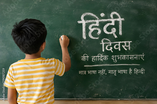 School Boy Writing Hindi Diwas Greetings with Chalk on Green Blackboard