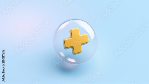 Golden plus symbol inside clear sphere. Soft blue background creates gentle glow. Simple medical icon design.