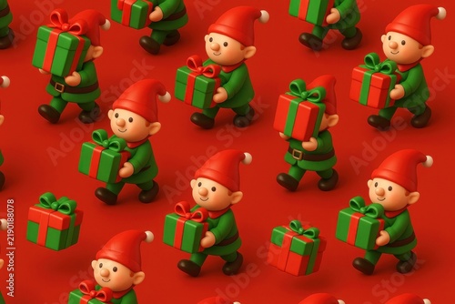Festive elves carrying colorful gifts background