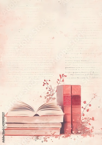 Open book with pink flowers and vintage literature stacked alongside in soft watercolor style for a cozy reading ambiance