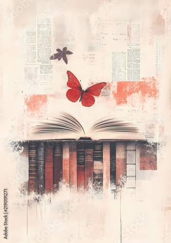 Open book with red butterfly soaring above colorful vintage pages in an artistic digital illustration design