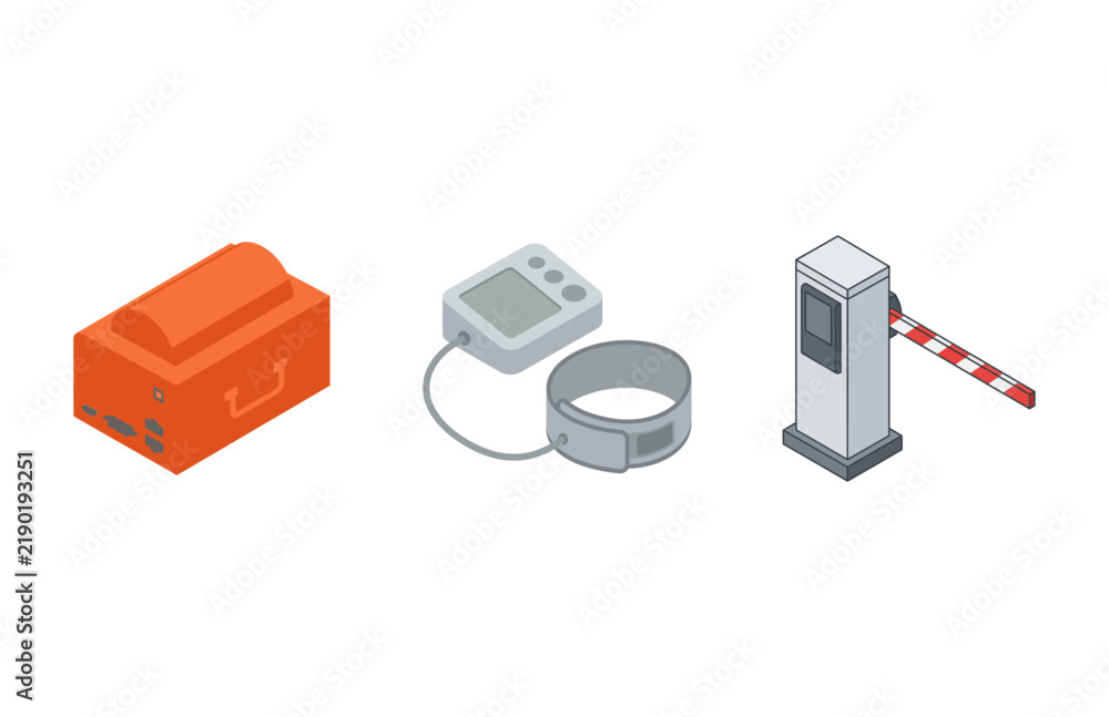 Obraz premium Isometric Vector Illustration Set Featuring Electronic Devices Monitoring Tools and Parking Barrier Gate