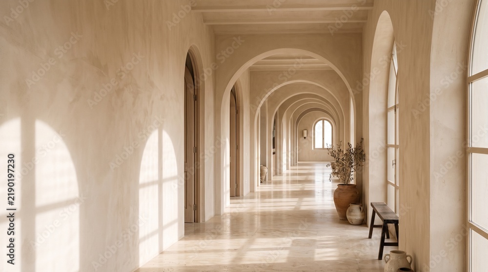 Fototapeta premium Warm Mediterranean Hallway with Repeating Arches and Natural Sunlight
