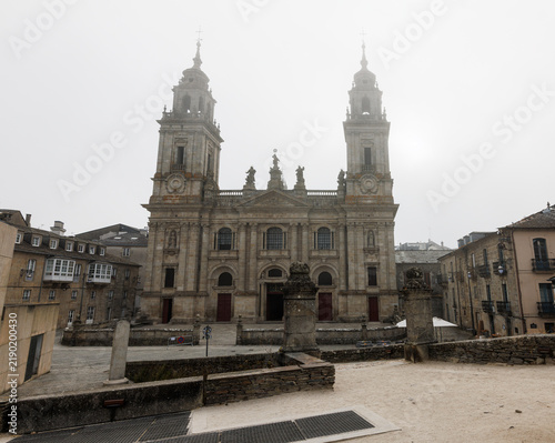 Bild auf Leinwand Cathedral of Santa Maria Facade on a Foggy Day, Lugo, Spain