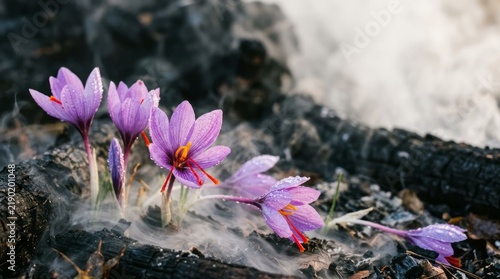 Purple Flowers Growing from Charred Ground