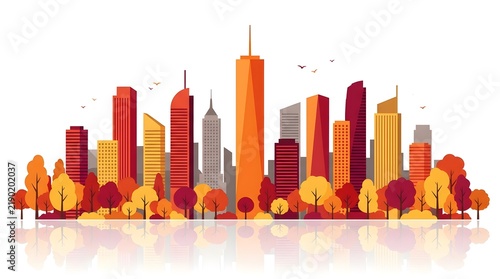 Modern City Skyline at Sunset with Building Reflections