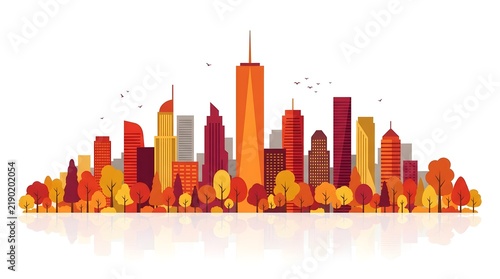 Modern City Skyline at Sunset with Building Reflections