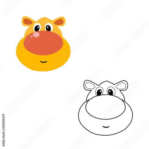 Cute hippopotamus cartoon illustration showing colorful and black outline versions, with big eyes, rounded face, large muzzle, and friendly expression, isolated on a white background.