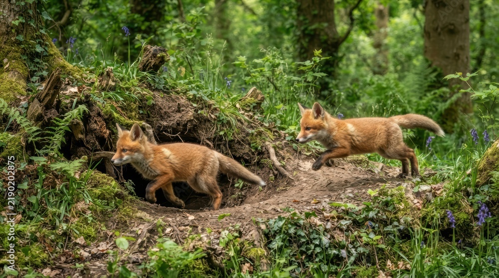 Fototapeta premium Two Foxes emerge from a den in a lush forest: Two young foxes, one emerging from its den and the other running alongside, are depicted in a vibrant, green forest setting.