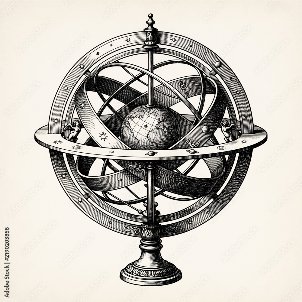 Obraz premium Antique brass armillary sphere etching illustration