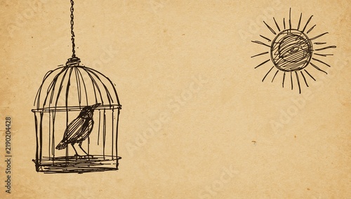 Hand-drawn sketch of a caged bird, bright sun and textured background