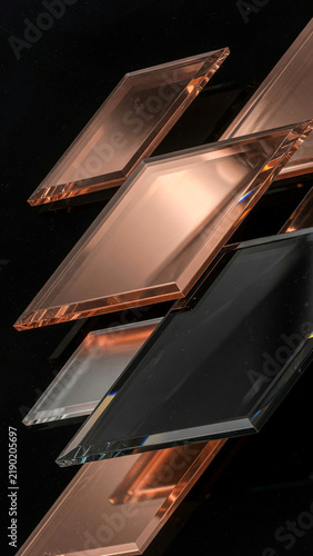 Overlapping copper glass parallelograms on black