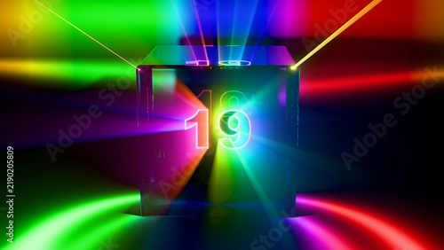 Quadro su tela Glowing Number Nineteen in Glass Cube with Rainbow Prism Light
