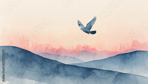 Serene watercolor landscape with a flying bird over mountain ranges at sunrise