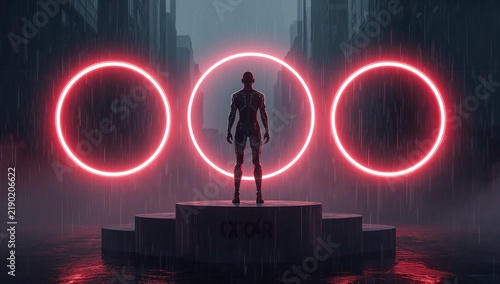 Futuristic Human Silhouette with Neon Light Circles in Dark Forest Setting