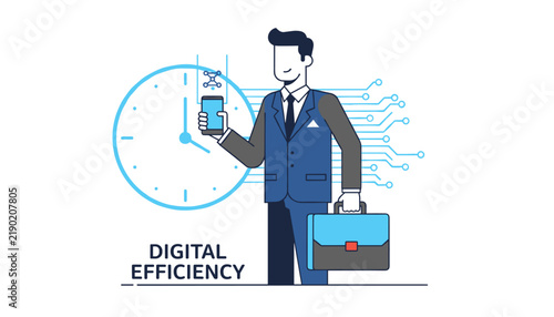 Professional businessman in elegant blue suit holding smartphone to demonstrate digital efficiency and time management.