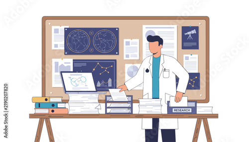 Male scientist in white lab coat organizes documents and research files near bulletin board with space maps and charts.